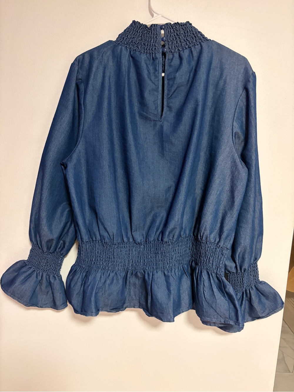 Ashley Stewart Denim Peplum Top Smocked Neck Puff Sleeves Blue Size 12/16 - Picture 8 of 12